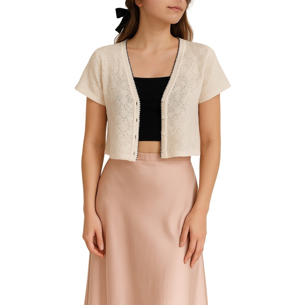 MOLLY MALLOY Ivory Pointelle Cropped Short Sleeve Cardigan Coquette‎ Size M